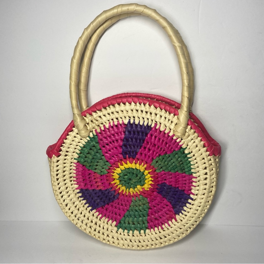 Vintage Woven Round Rainbow Colorful Rattan Straw Purse Hand Bag Boho Beachy